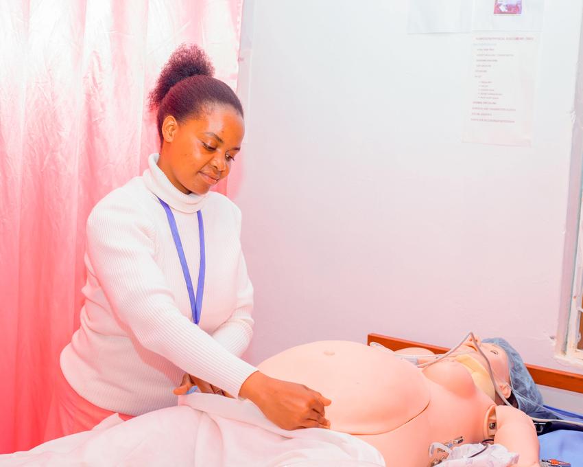 Hands-on midwifery practice in the skills lab.